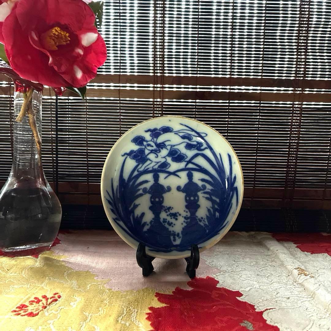 骨董　図変わり印判手　超希少　稲荷神社の図　妖狐に石燈籠　蒲　手塩皿　１客限り