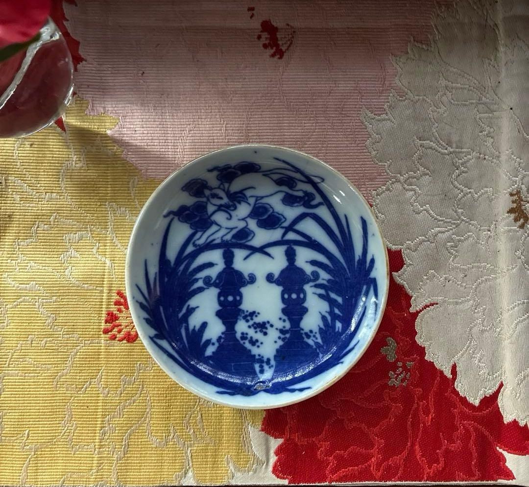 骨董　図変わり印判手　超希少　稲荷神社の図　妖狐に石燈籠　蒲　手塩皿　１客限り