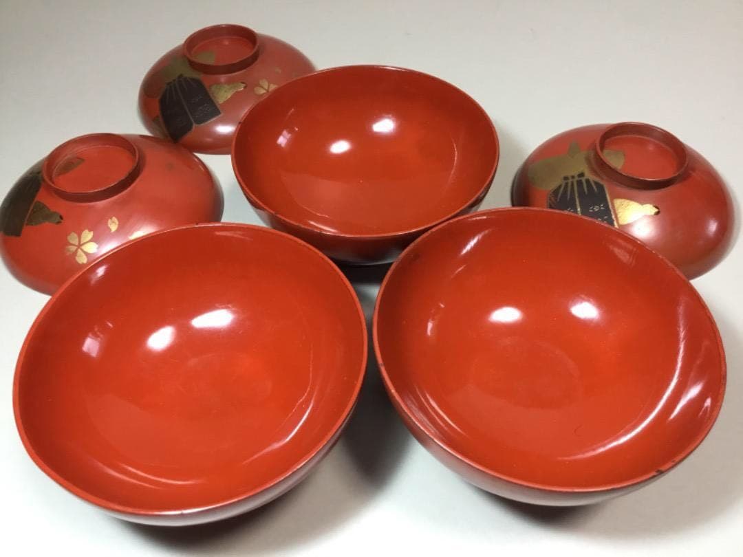 漆器◆雛人形文 / 吸い物椀３客◆傷みあり 雛コレクション 立ち雛 和食器