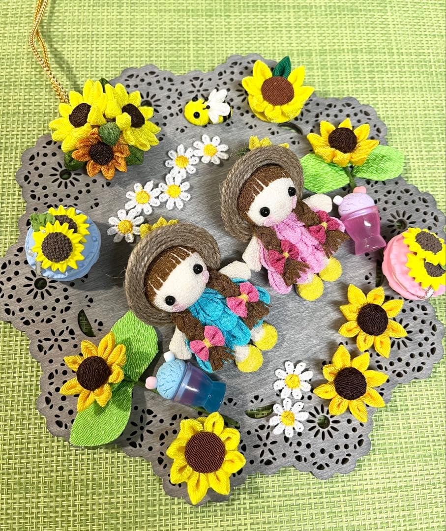 ちりめん細工♡仲良し女の子と向日葵畑アレンジプレート飾り