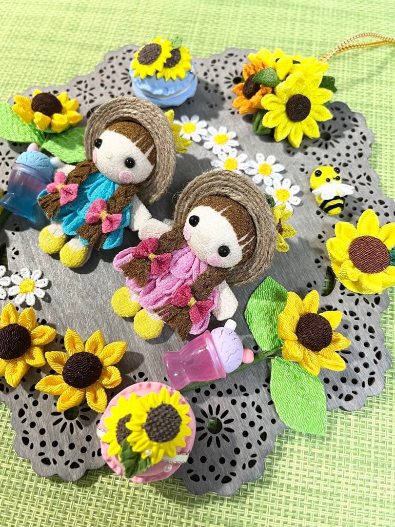 ちりめん細工♡仲良し女の子と向日葵畑アレンジプレート飾り
