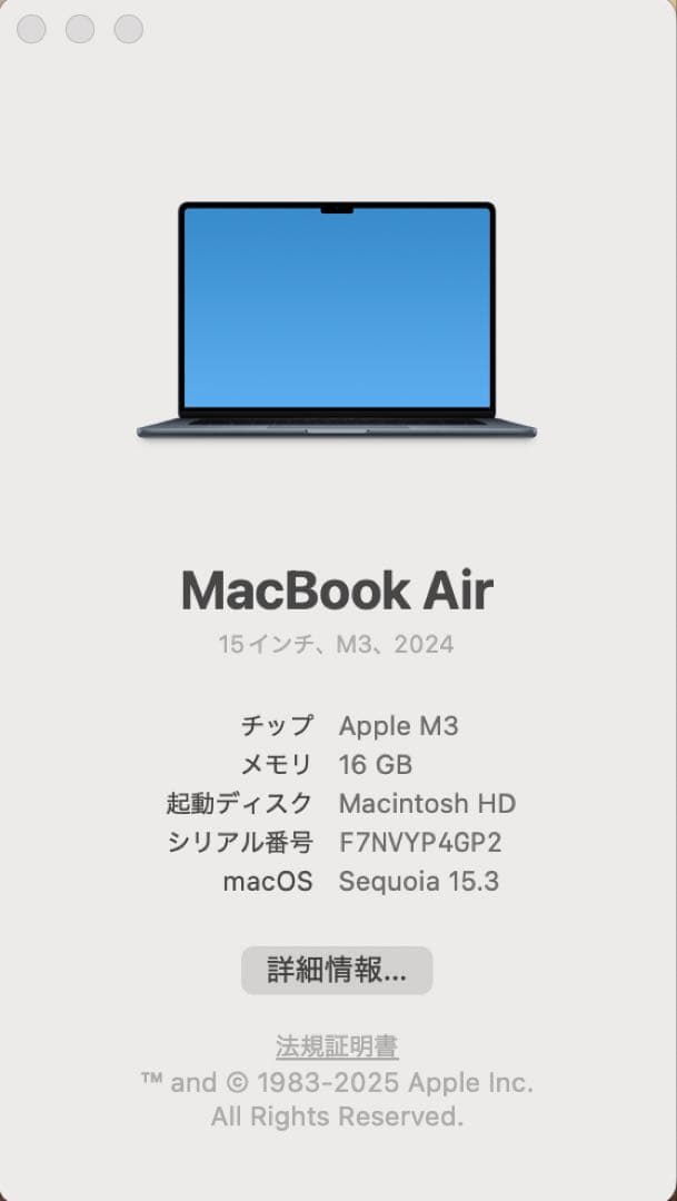 【極美品】MacBook Air M3 16GB 256GB 15.3インチ