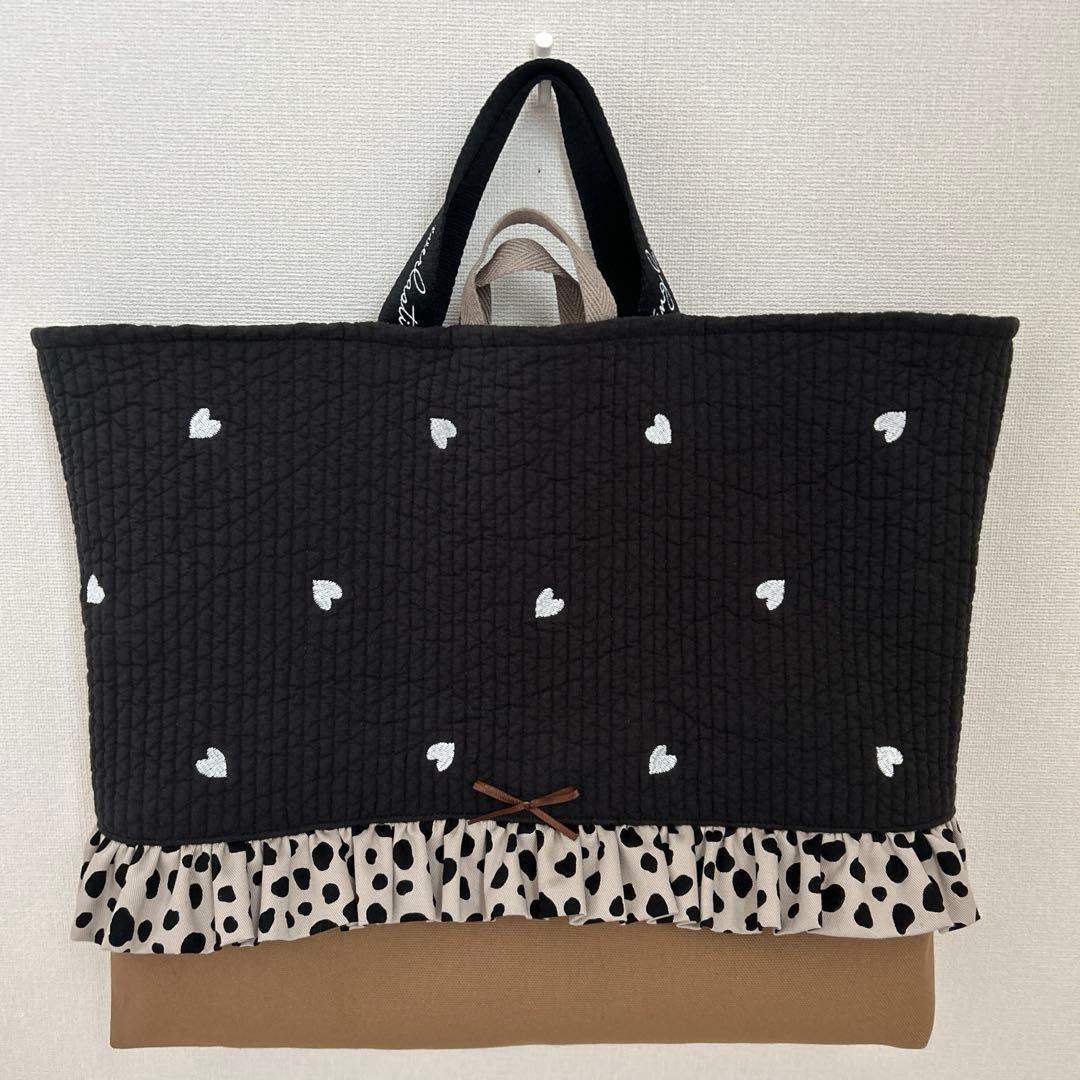 入園入学2点セット　【黒地ハートヌビ×ブラウン】　女の子　手提げ　大きめ　上靴袋