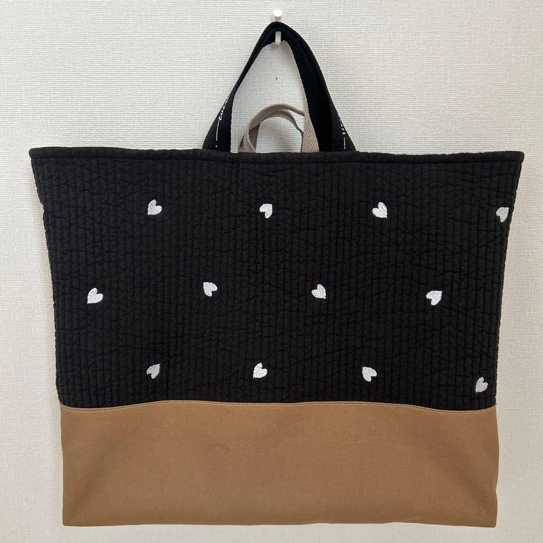 入園入学2点セット　【黒地ハートヌビ×ブラウン】　女の子　手提げ　大きめ　上靴袋