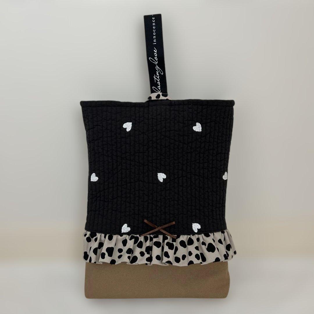 入園入学2点セット　【黒地ハートヌビ×ブラウン】　女の子　手提げ　大きめ　上靴袋