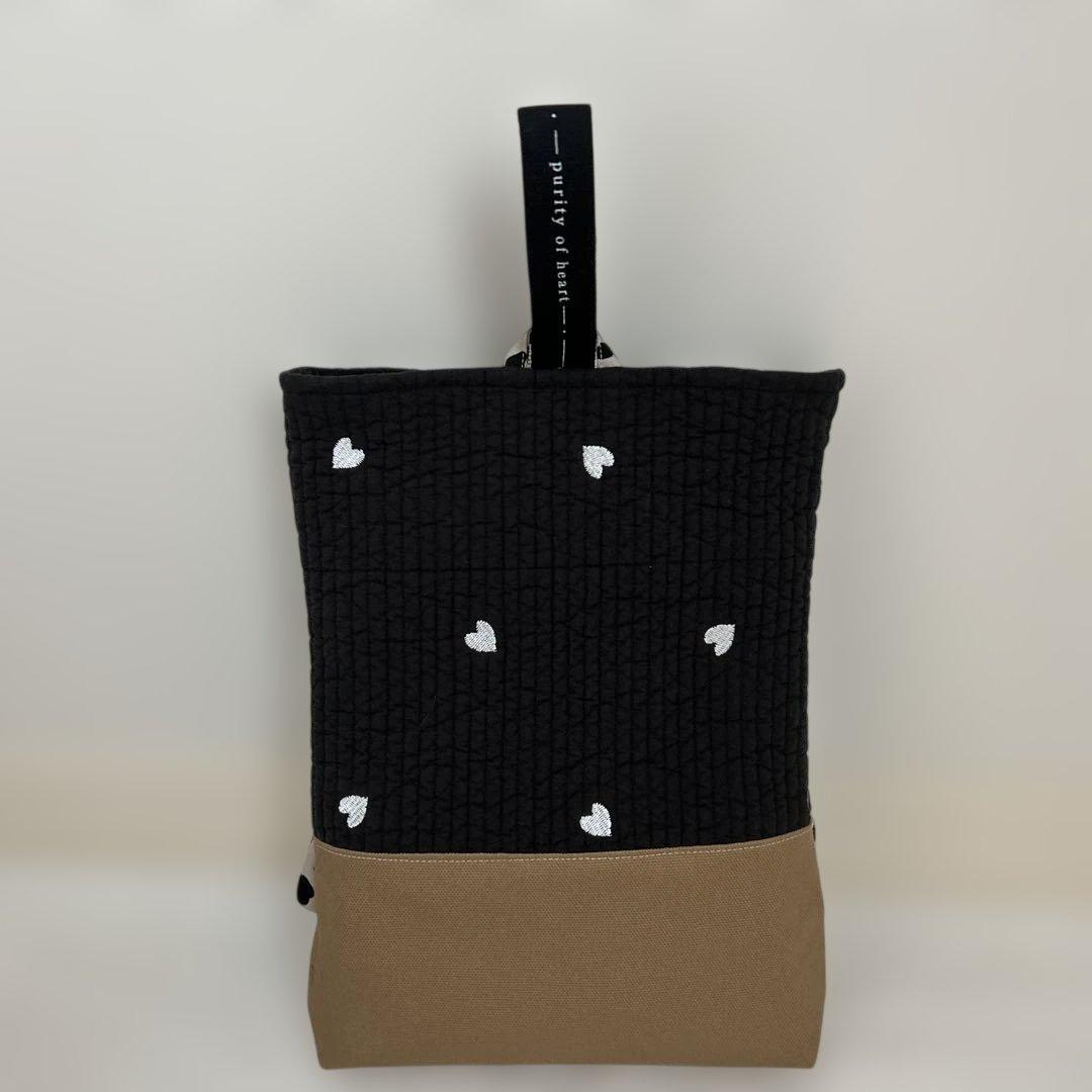 入園入学2点セット　【黒地ハートヌビ×ブラウン】　女の子　手提げ　大きめ　上靴袋