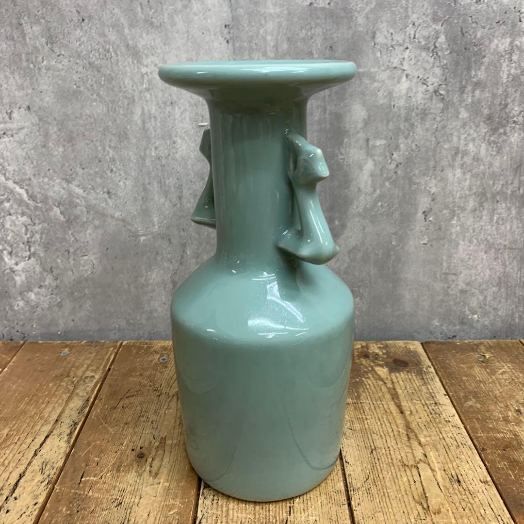 D-壁 【骨董・アンティーク】青磁 耳付花瓶 フラワーベース 貫入 鳳凰耳 中国