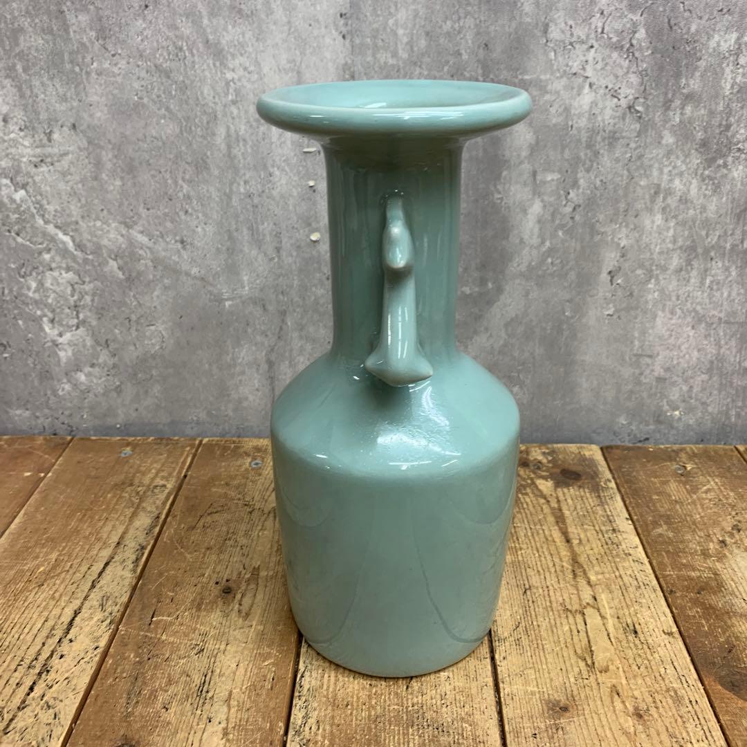 D-壁 【骨董・アンティーク】青磁 耳付花瓶 フラワーベース 貫入 鳳凰耳 中国