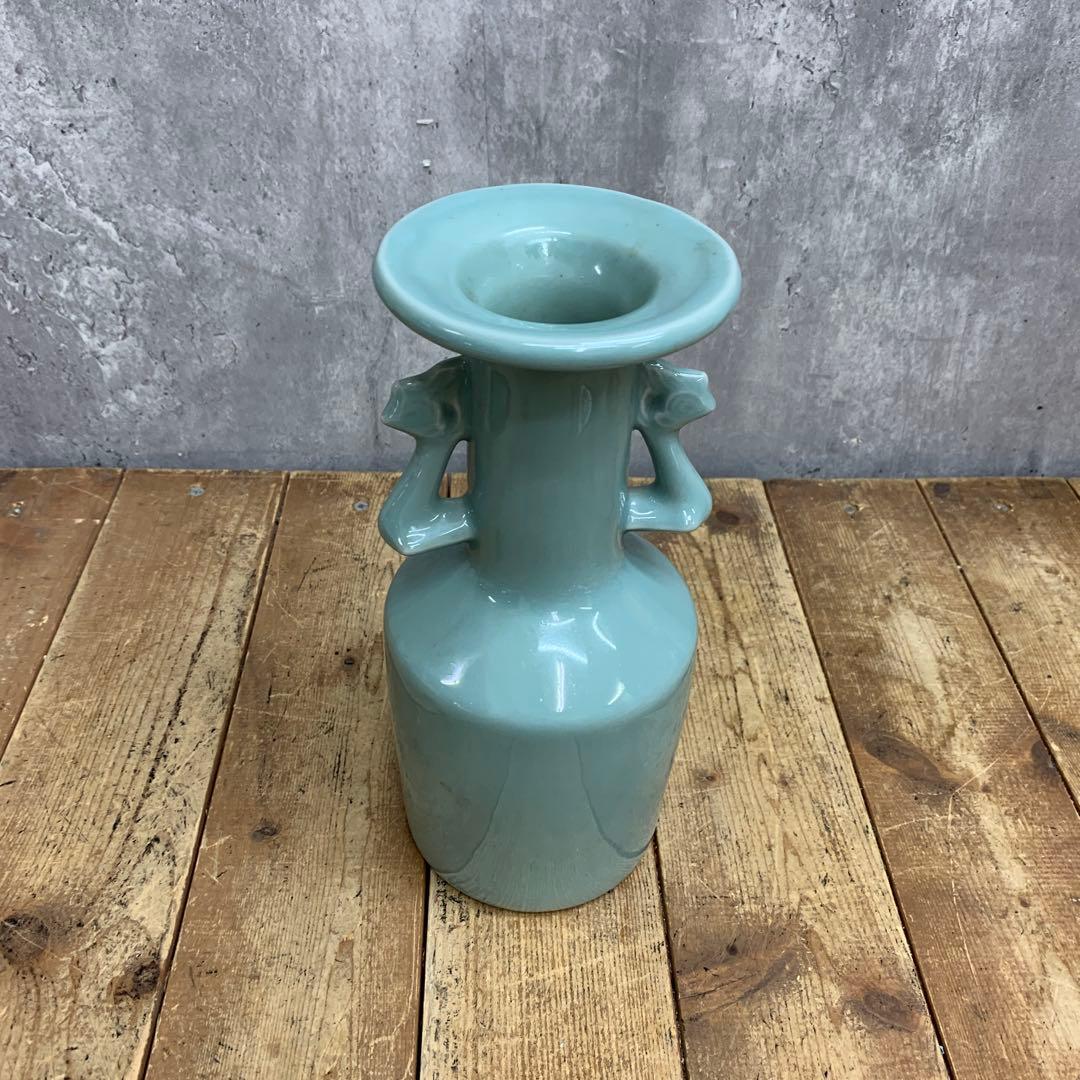 D-壁 【骨董・アンティーク】青磁 耳付花瓶 フラワーベース 貫入 鳳凰耳 中国