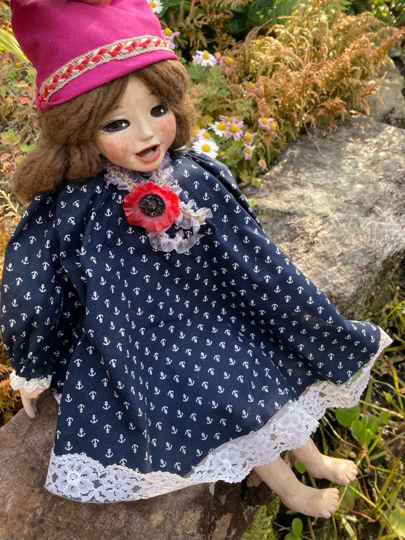 ヴィンテージのてづくりパペット　アンカー柄ドレスの人形