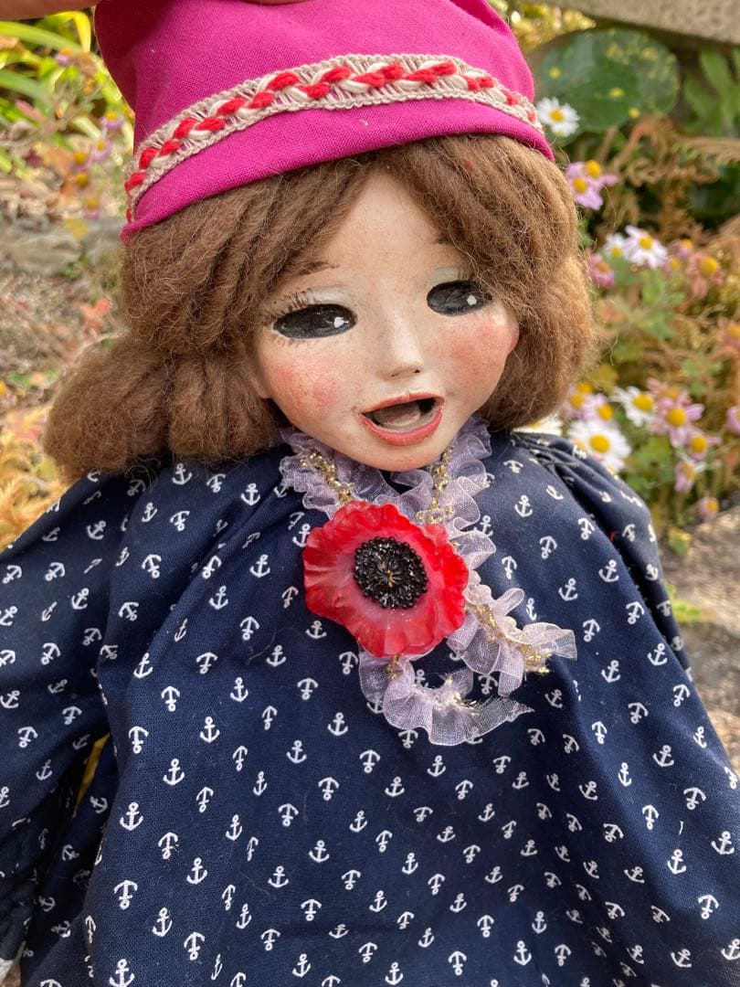 ヴィンテージのてづくりパペット　アンカー柄ドレスの人形