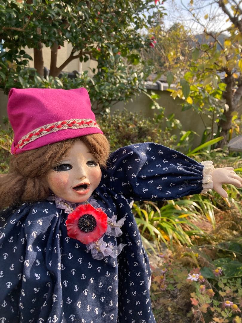 ヴィンテージのてづくりパペット　アンカー柄ドレスの人形
