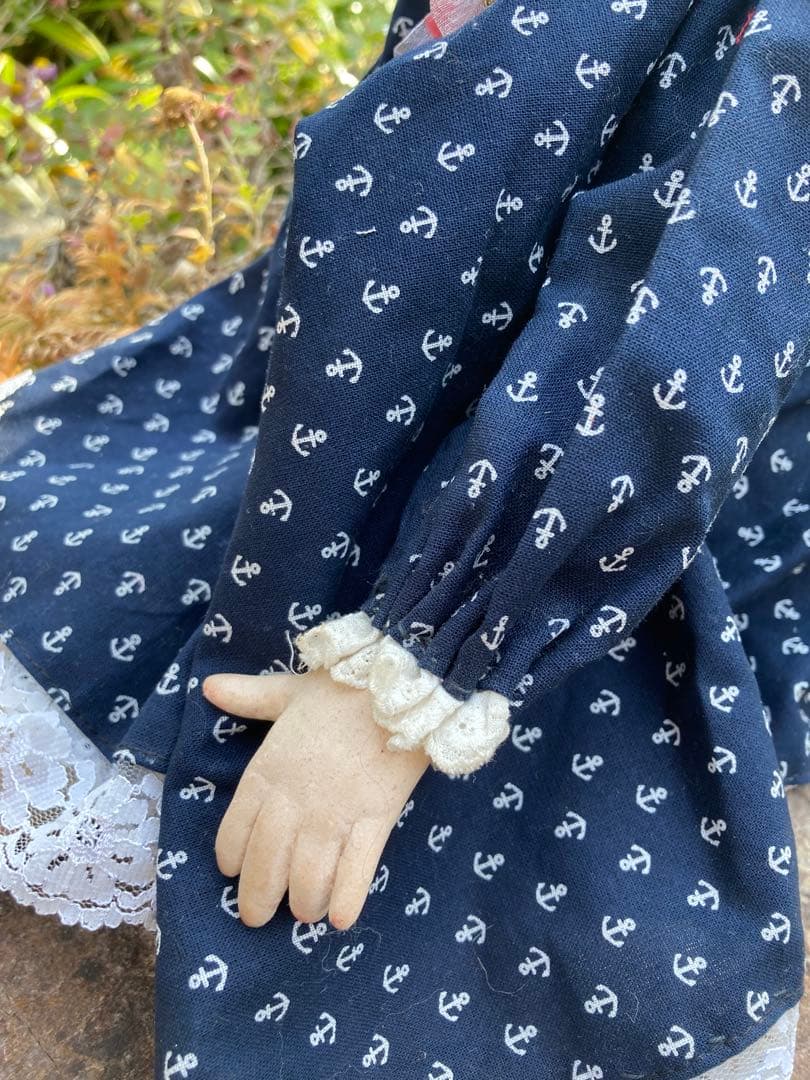 ヴィンテージのてづくりパペット　アンカー柄ドレスの人形