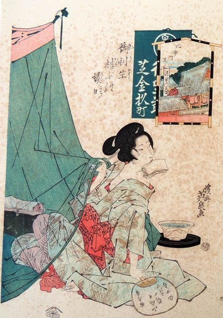 ●渓斎英泉●錦絵覆刻4枚/江戸日本橋・品川之駅・朝霞・芝金杉町比沙門天