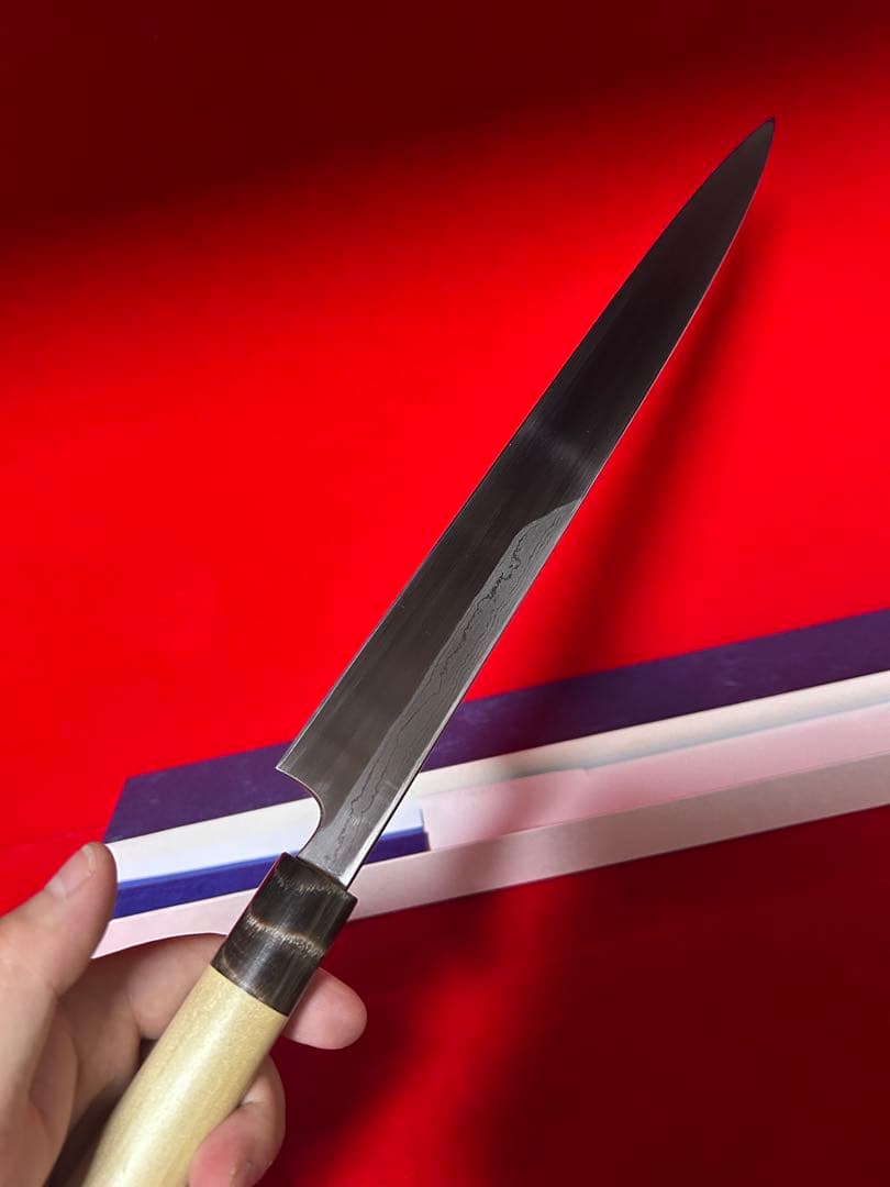 01522 包丁　重房作　柳刃　尺　墨流　スウェーデン鋼　箱付　未使用品