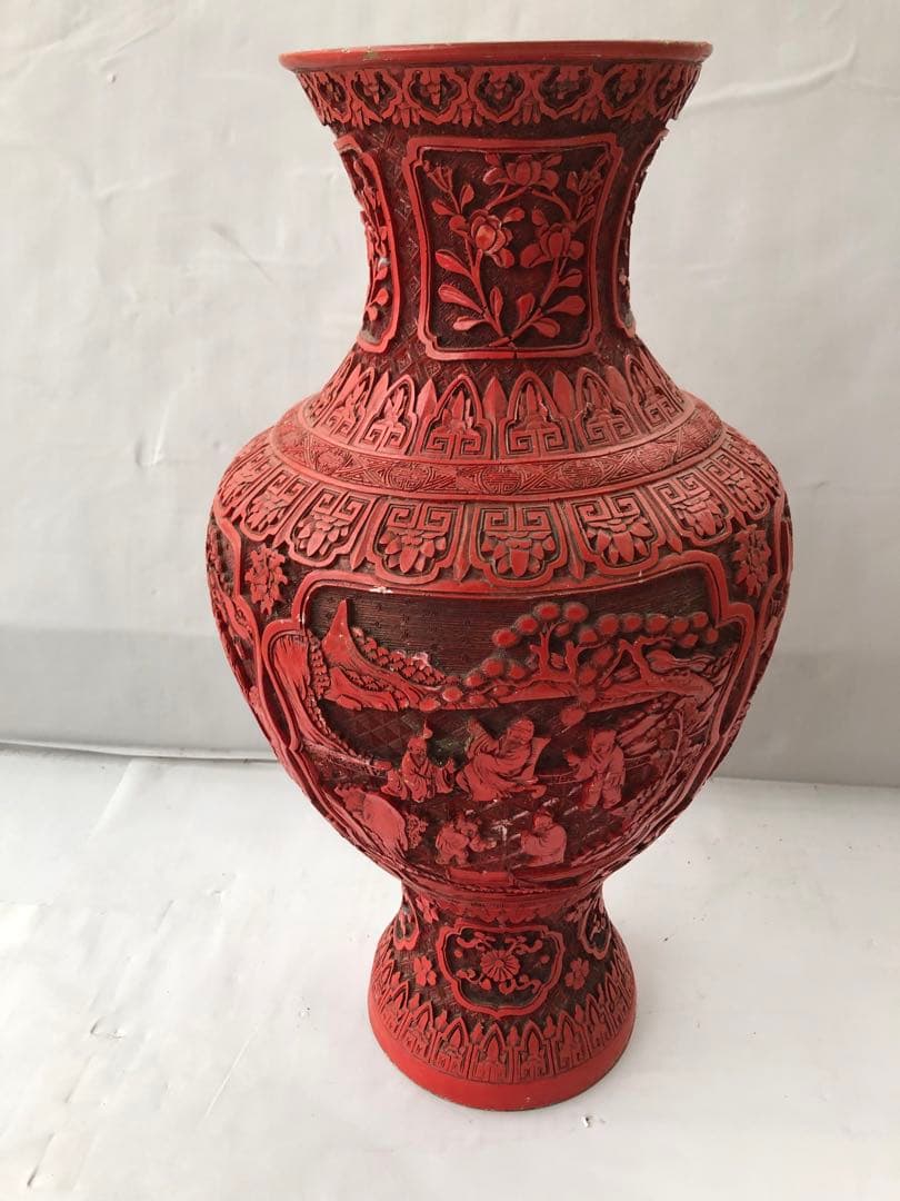 中国美術 人物彫文堆朱花瓶 高48cm 銅製 細密細工 花文 骨董(I95)