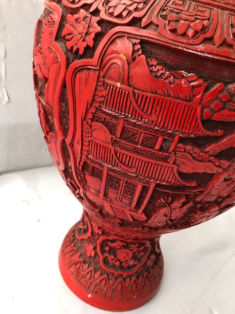 中国美術 人物彫文堆朱花瓶 高48cm 銅製 細密細工 花文 骨董(I95)