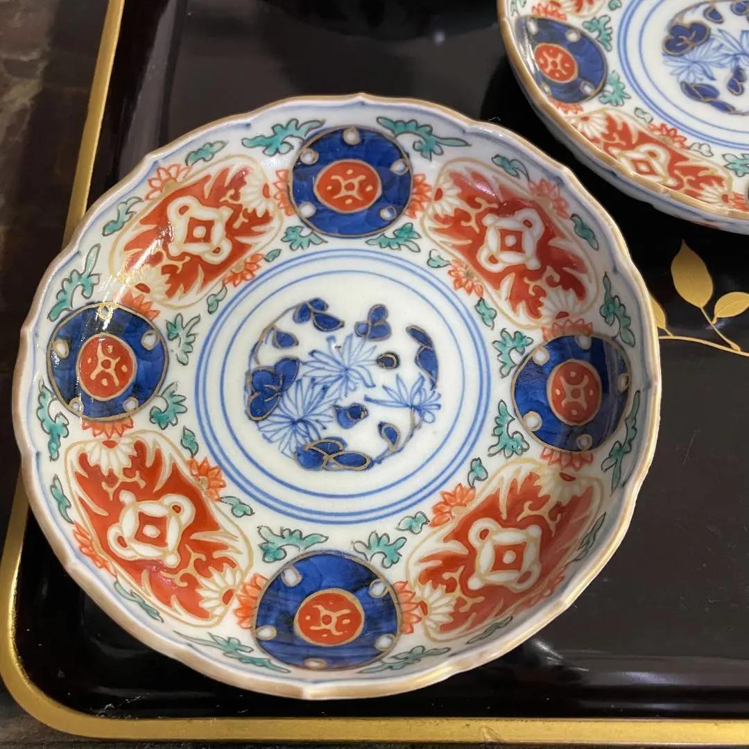 ◆199◆或化年製　江戸時代古伊万里染付　輪花皿5枚　色絵　小皿　骨董