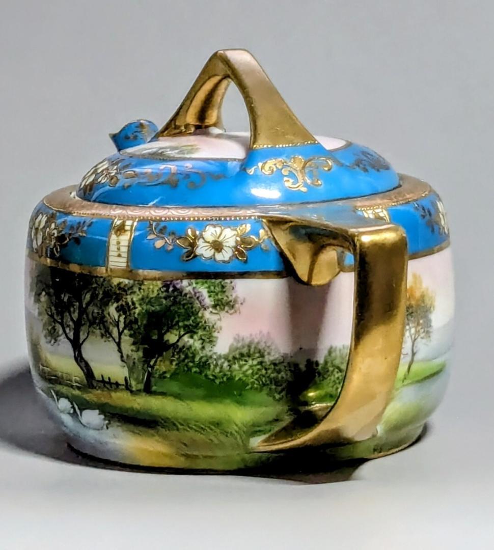 オールドノリタケ ポット ターコイズ 湖畔風景白鳥図 　金彩金盛上 有名パターン