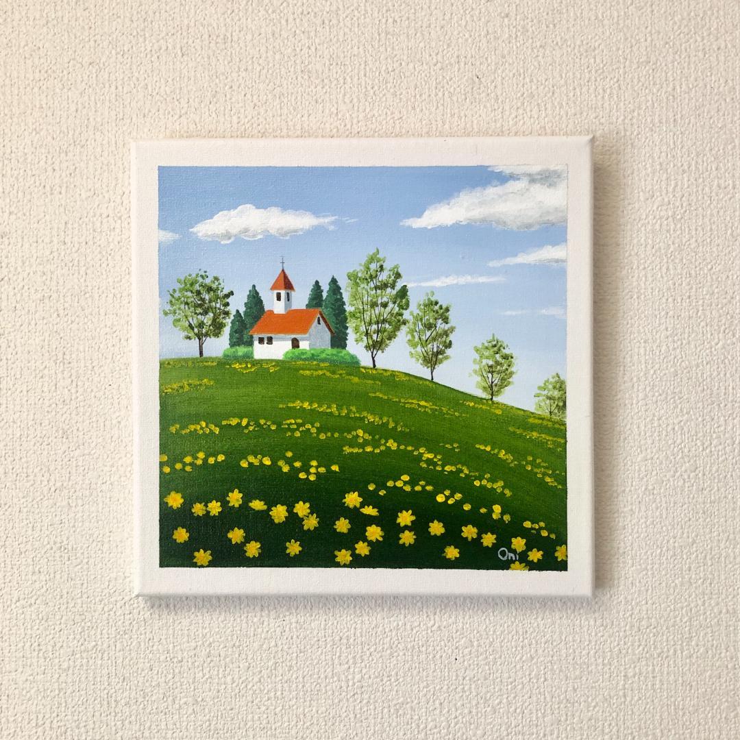 アクリル画　原画　「丘の上の教会で02」　25cm角　キャンバス　風景画