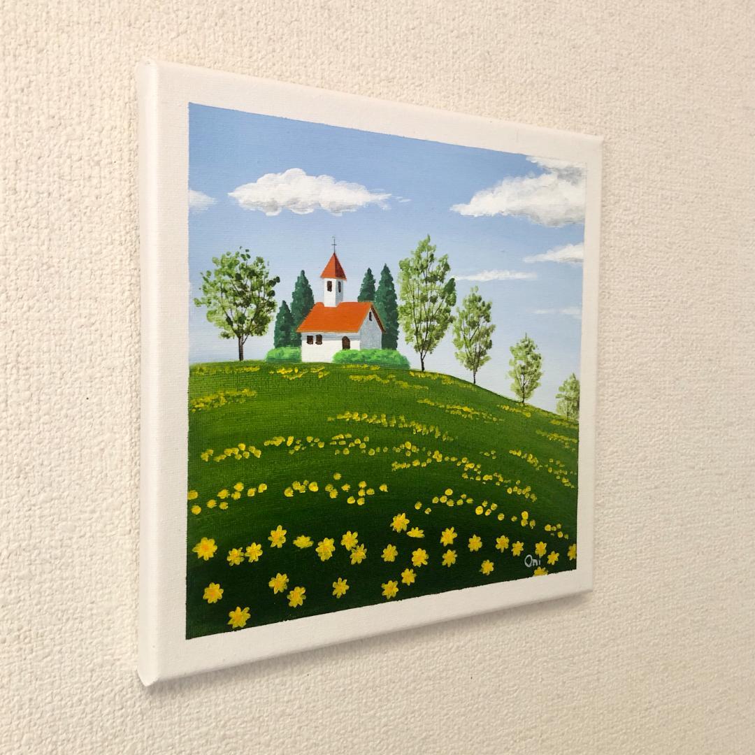 アクリル画　原画　「丘の上の教会で02」　25cm角　キャンバス　風景画