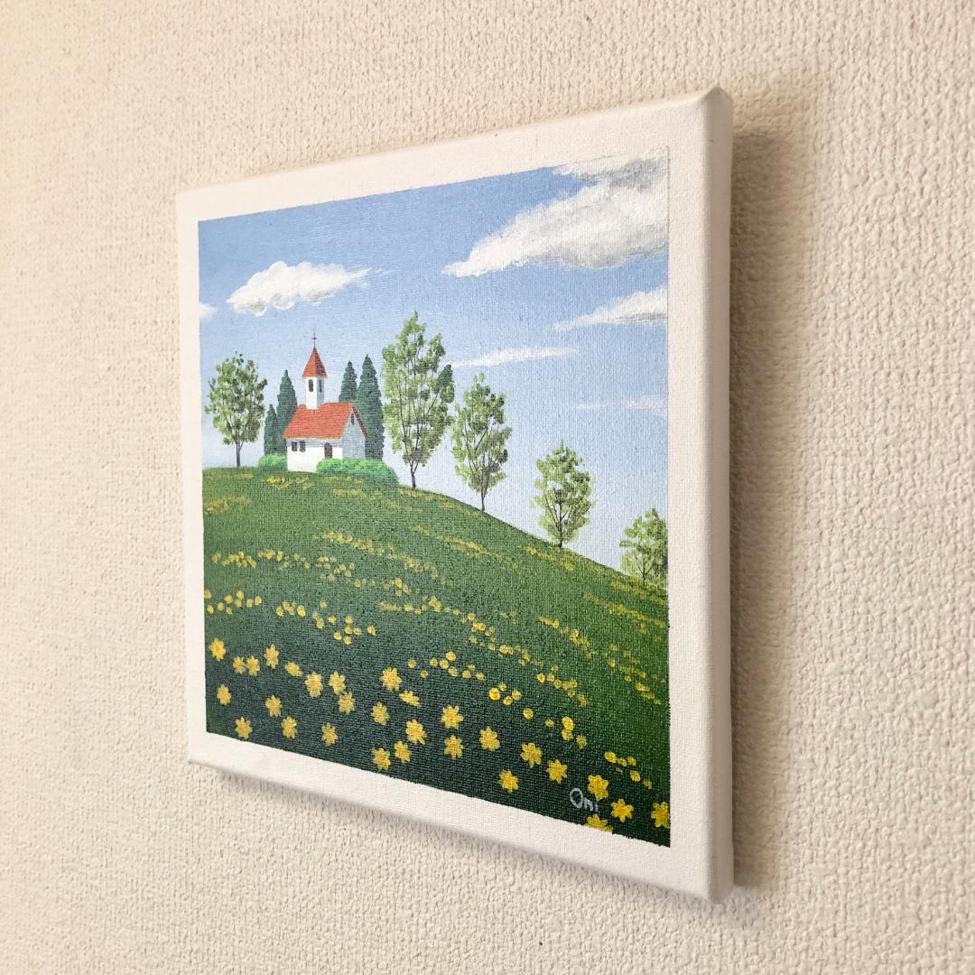 アクリル画　原画　「丘の上の教会で02」　25cm角　キャンバス　風景画