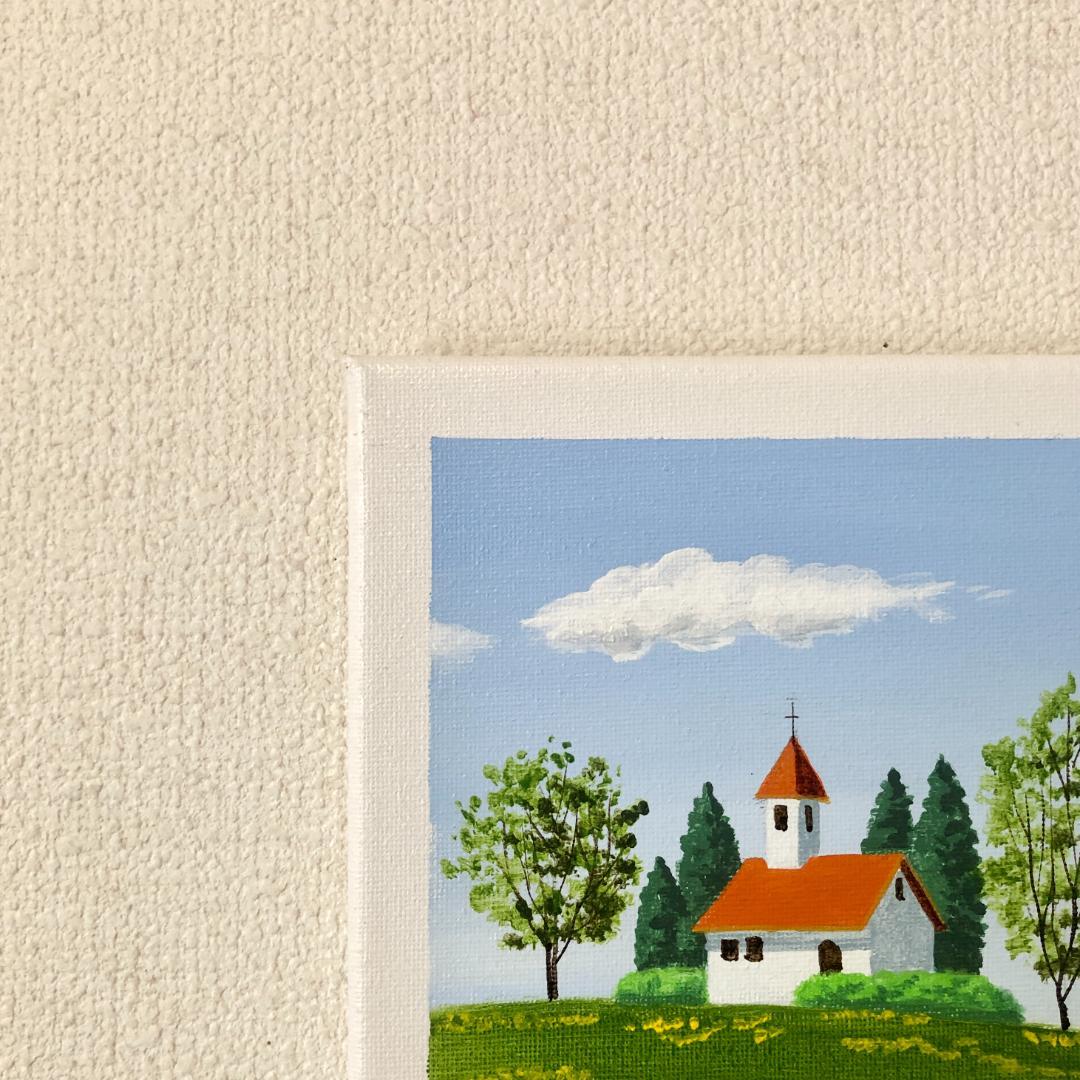 アクリル画　原画　「丘の上の教会で02」　25cm角　キャンバス　風景画