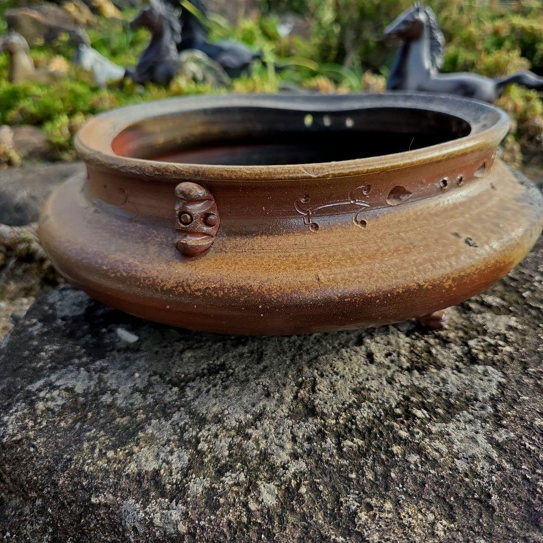 備前焼　藤原陶臣作　三点猫足/三つ足付　水盤　花器　花生