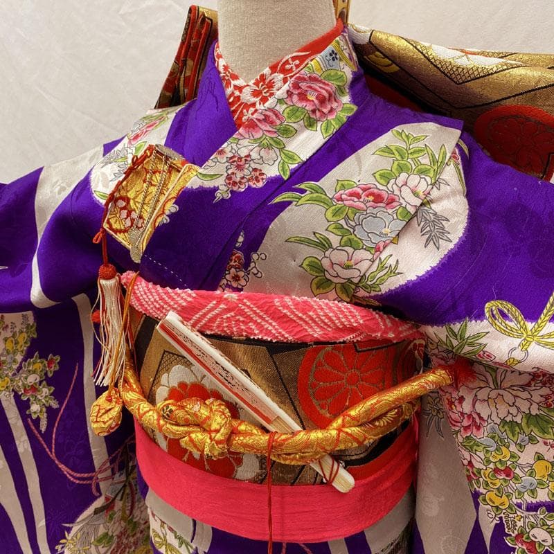601ag24◎七五三 七歳 女児 アンティーク着物&丸帯&長襦袢 総柄 紫◎