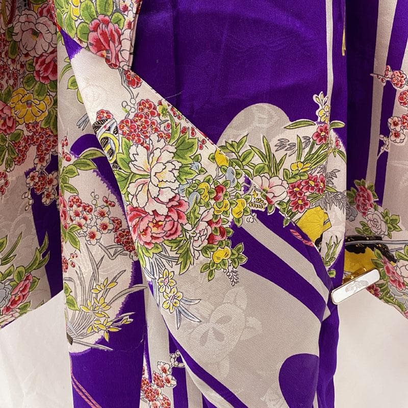 601ag24◎七五三 七歳 女児 アンティーク着物&丸帯&長襦袢 総柄 紫◎