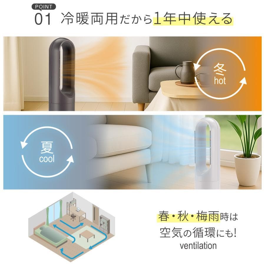 タワーファン 冷暖 扇風機 冷暖兼用 静音 冷暖房 羽なし スリム　76cm　白