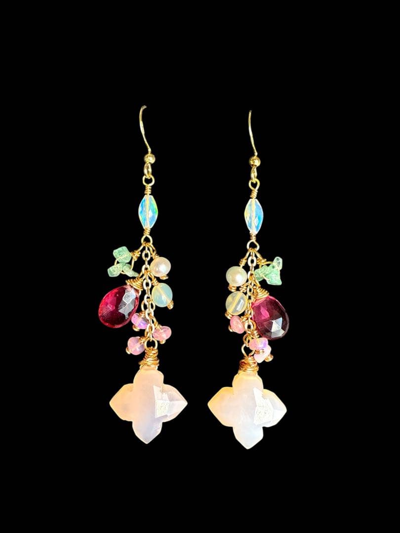 【14kgf】ピンクカルセドニー×フラワーカービング＊ピアスNo.349