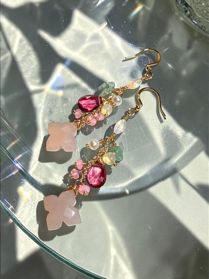 【14kgf】ピンクカルセドニー×フラワーカービング＊ピアスNo.349