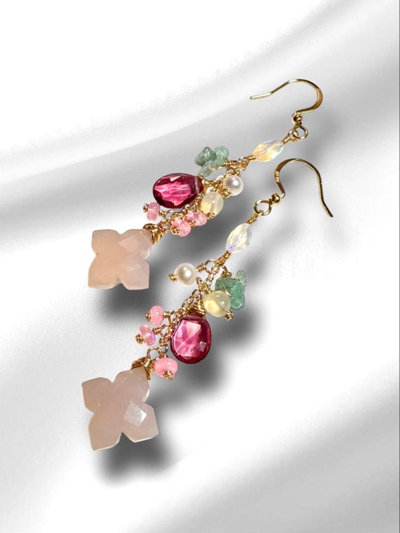 【14kgf】ピンクカルセドニー×フラワーカービング＊ピアスNo.349