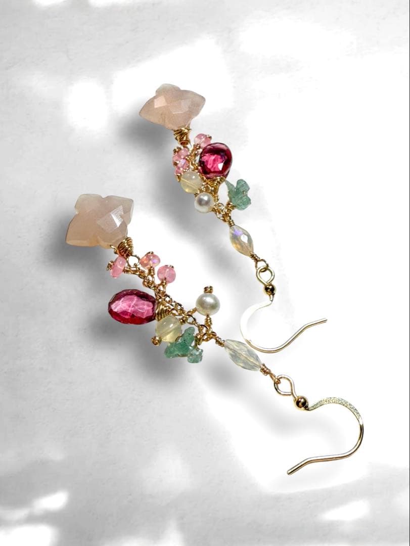 【14kgf】ピンクカルセドニー×フラワーカービング＊ピアスNo.349