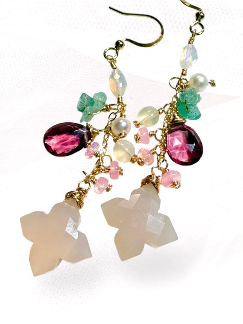 【14kgf】ピンクカルセドニー×フラワーカービング＊ピアスNo.349