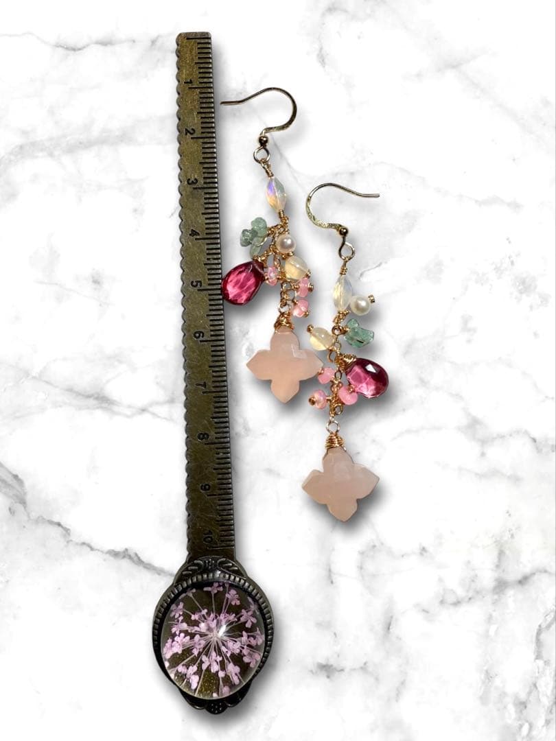 【14kgf】ピンクカルセドニー×フラワーカービング＊ピアスNo.349