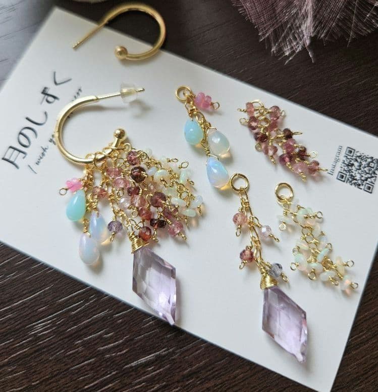 アメジストダイヤカット 組み換えピアス