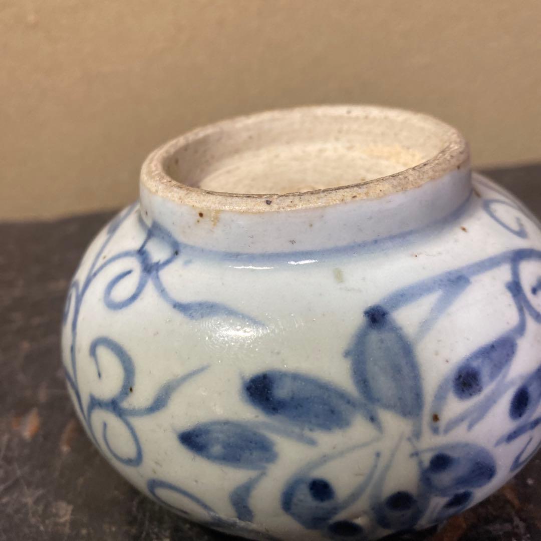 中国古玩　染付草花文水滴