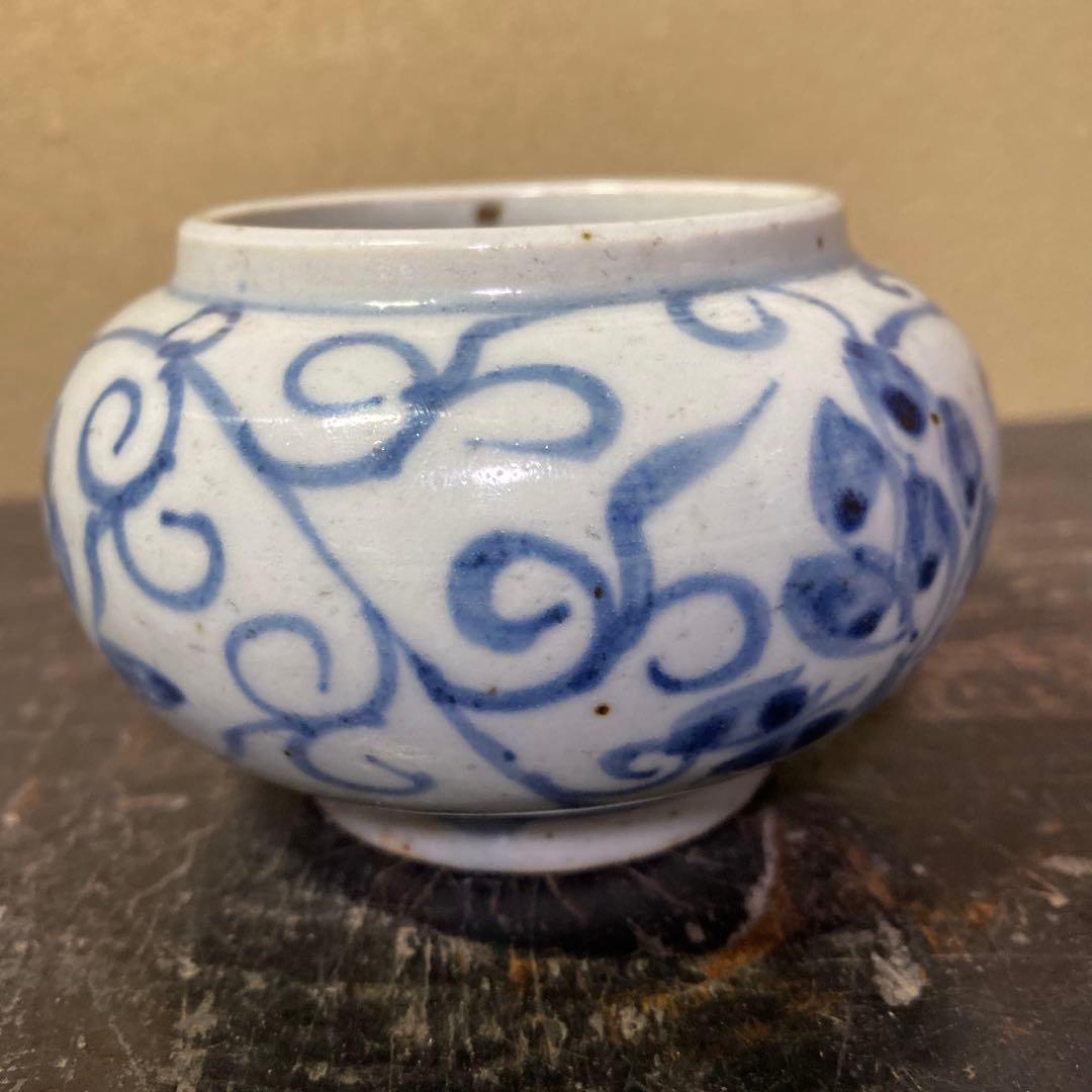 中国古玩　染付草花文水滴