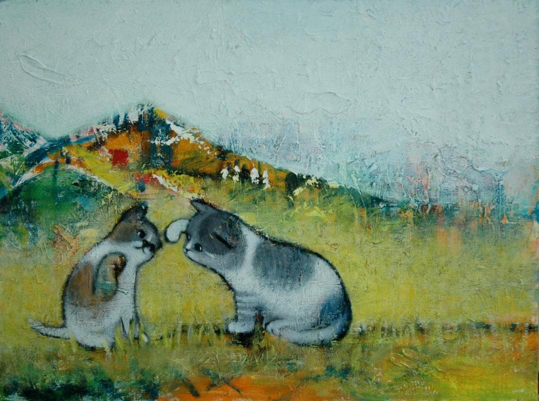 油絵 菅家令子 絵 絵画インテリア 額付(白) uF6-050520 可愛い子猫
