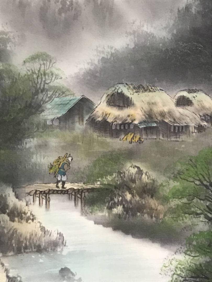 【真作】梅渓/彩色山水図/山水人物図/掛軸/名家伝来/AB-823