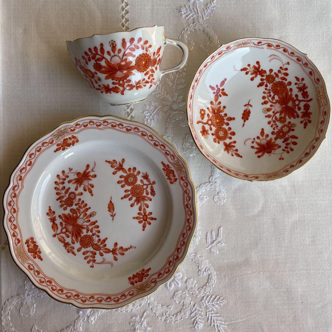 ★ マイセン　インドの華　リッチコーラルオレンジ　トリオ