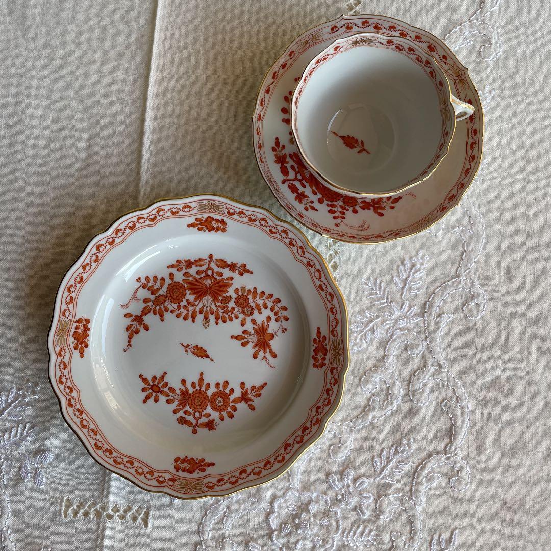 ★ マイセン　インドの華　リッチコーラルオレンジ　トリオ