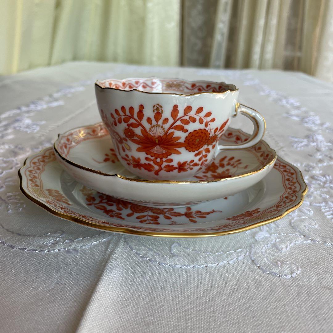 ★ マイセン　インドの華　リッチコーラルオレンジ　トリオ