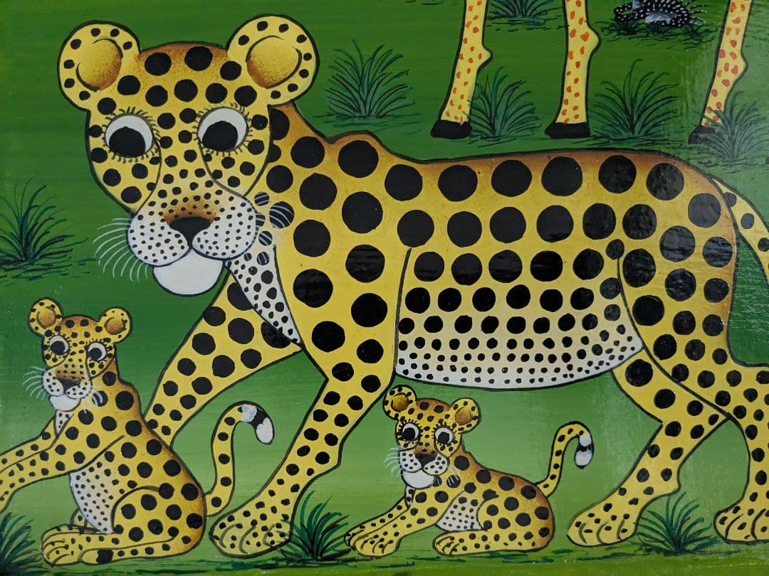 ●アフリカの絵画、ティンガティンガ、チーターの親子、LUKAS、30×40cm