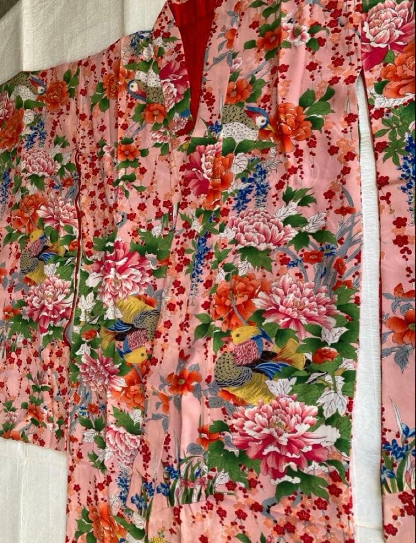 専用出品　希少鳥柄　アンティーク着物帯　7歳七五三　大正ロマン　錦紗　紅絹振袖