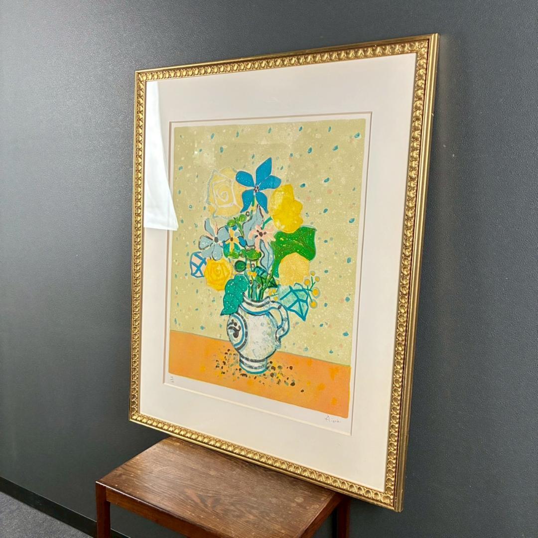 美品 ポール・アイズピリ「ベージュ背景のバラの花束」リトグラフ サイン入 古径額