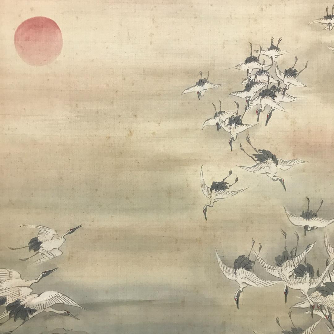 真作/戴文/百鶴図/開運/長寿/鶴/布袋屋掛軸HB-102