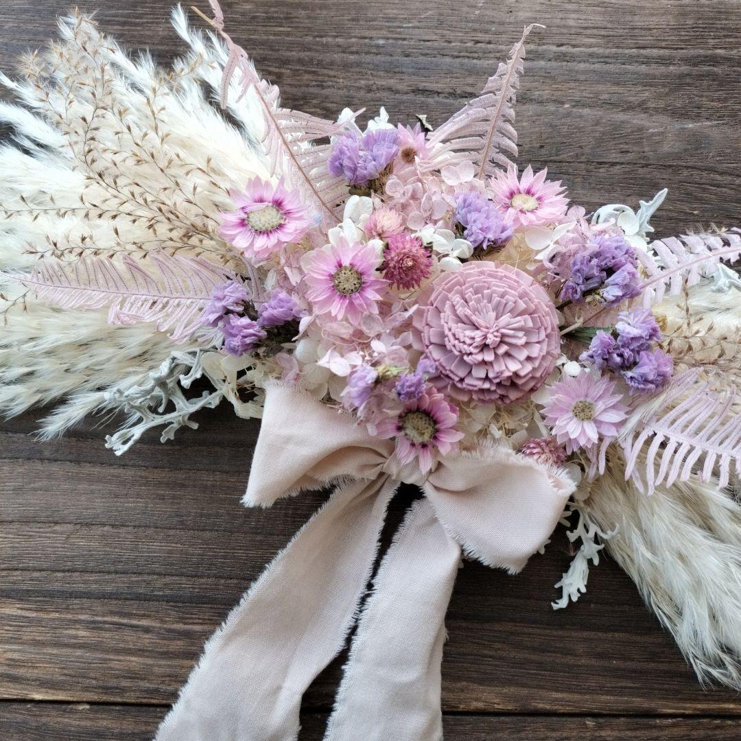 ピンクとパープル　柔らかい色合い　ドライフラワー横長スワッグ